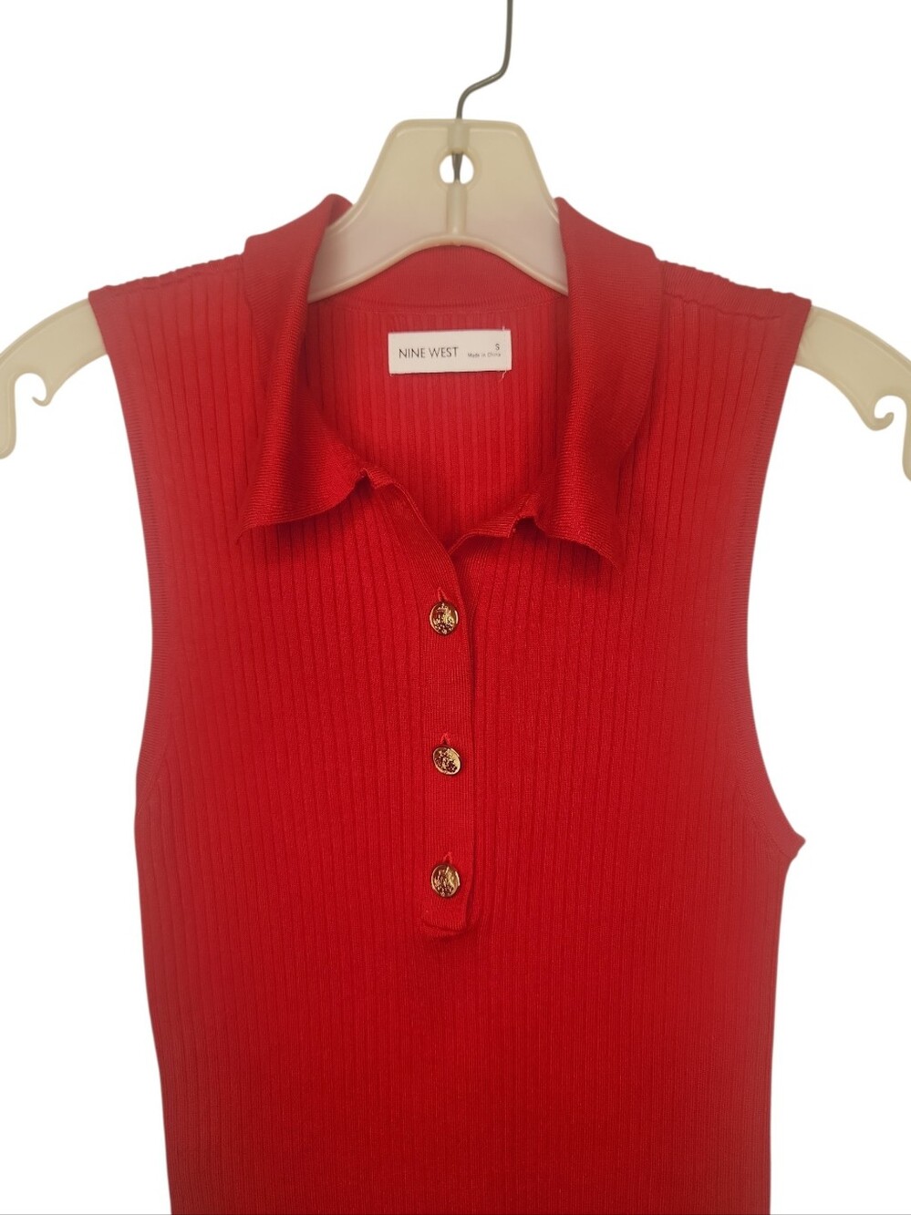 Nine West Crimson Red Johnny Collar Ribbed Sweater Polo Tank-"Heartless" Size S